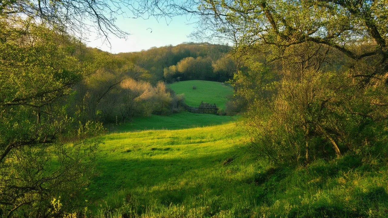 Hollow with shaded glen, spring, dusk