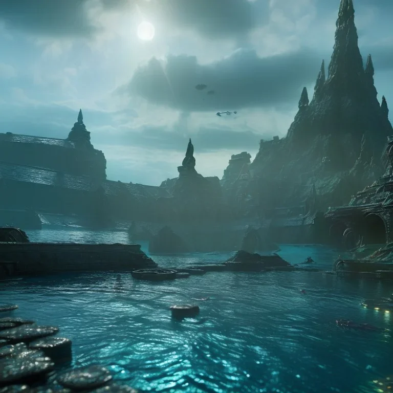 sunken underwater city asgard, fish swimming around, highly detailed, cinematic, ultra photorealistic, ultra realistic, volumetric lighting, sun shafts