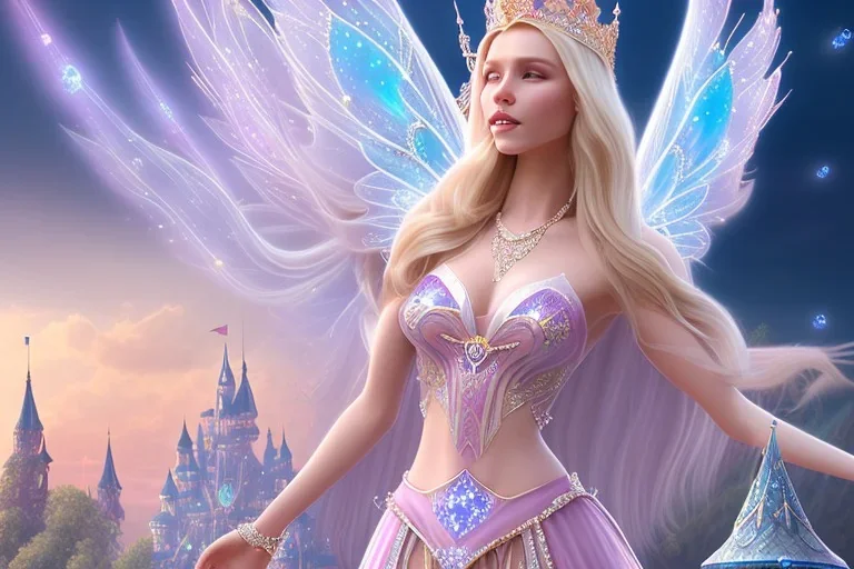 castle in background, beautiful, soft, big smiling, straight and long blonde hair, blues eyes, dewy and shiny atmosphere, diamond crown, long fairy wings in the back, full head, pink veil clothes