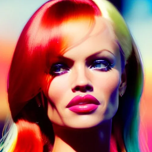 Photo of a gorgeous young Pamela Anderson, wearing a Micro-Bikini, beautiful face, multi-hued red hair; in the style of martine johanna, draped in flowing fabric, colorful energetic brush strokes, realistic, sharp focus, 8k high definition, insanely detailed, intricate, elegant, art by martine johanna and artgerm