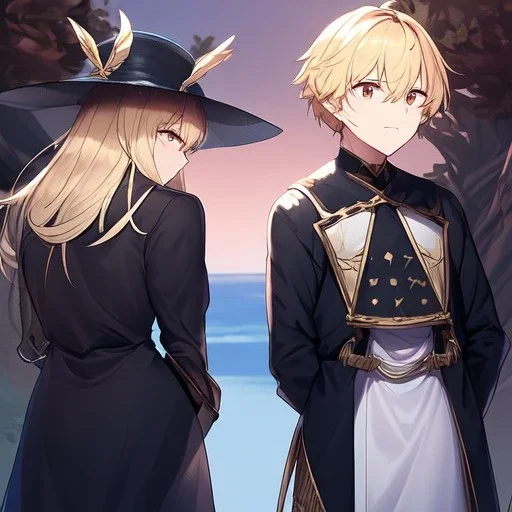 anime couple, couple is standing back to back, female has white dress on and has long blonde hair, male is wearing black coat and has dark brown short hair with a hat on