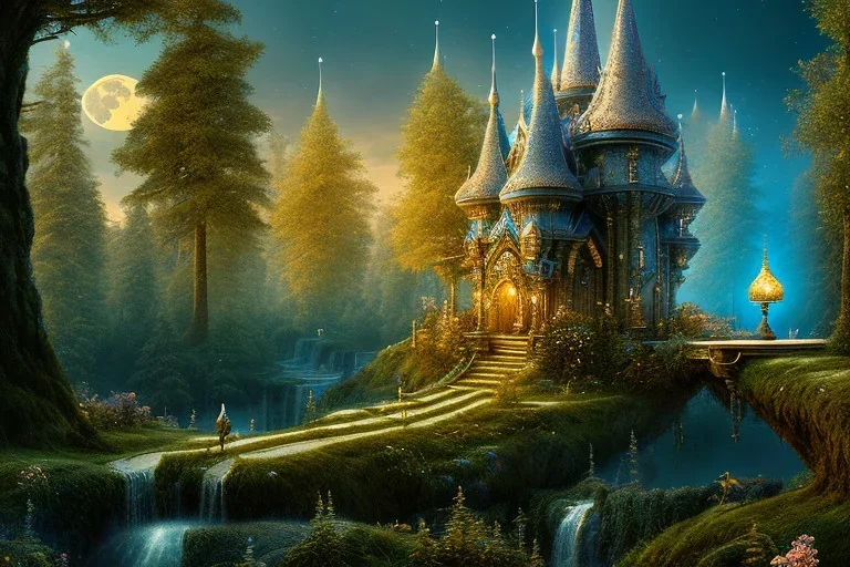 big dreamcastle stand on a rock, forest, night, moon, 8k resolution, high-quality, fine-detail, intricate, fantasy art, detailed matte, volumetric lighting, illustration, 3D