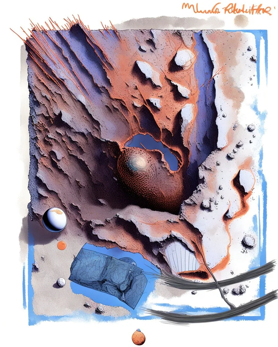 High-altitude lunar reconnaissance satellite image of a young impact crater with larger regolith along right ride. A damaged metallic alien sphere with fracture lines like an egg. organic growth across regolith and up crater walls. Along the lower frame edge a small modern bare-bones lunar-vehicle sits near the rim with visible wheel tracks. comic page pencils