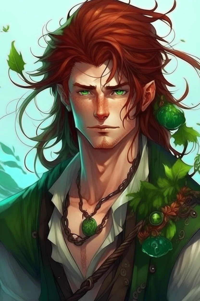 wet pirate nereid male with auburn hair and seaweed