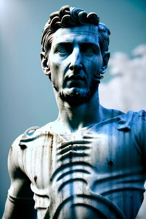 Ultra Realistic image, roman sculpture, deluxe white marble material, Angel di maria soccer player, Renaissance style, miguel angel style, chisel style, emperor, waist up portrait, epic, celestial, cinematic lighting, God light, god rays, 4k resolution, smooth details, ornate details, unreal engine 5, blue sky background.