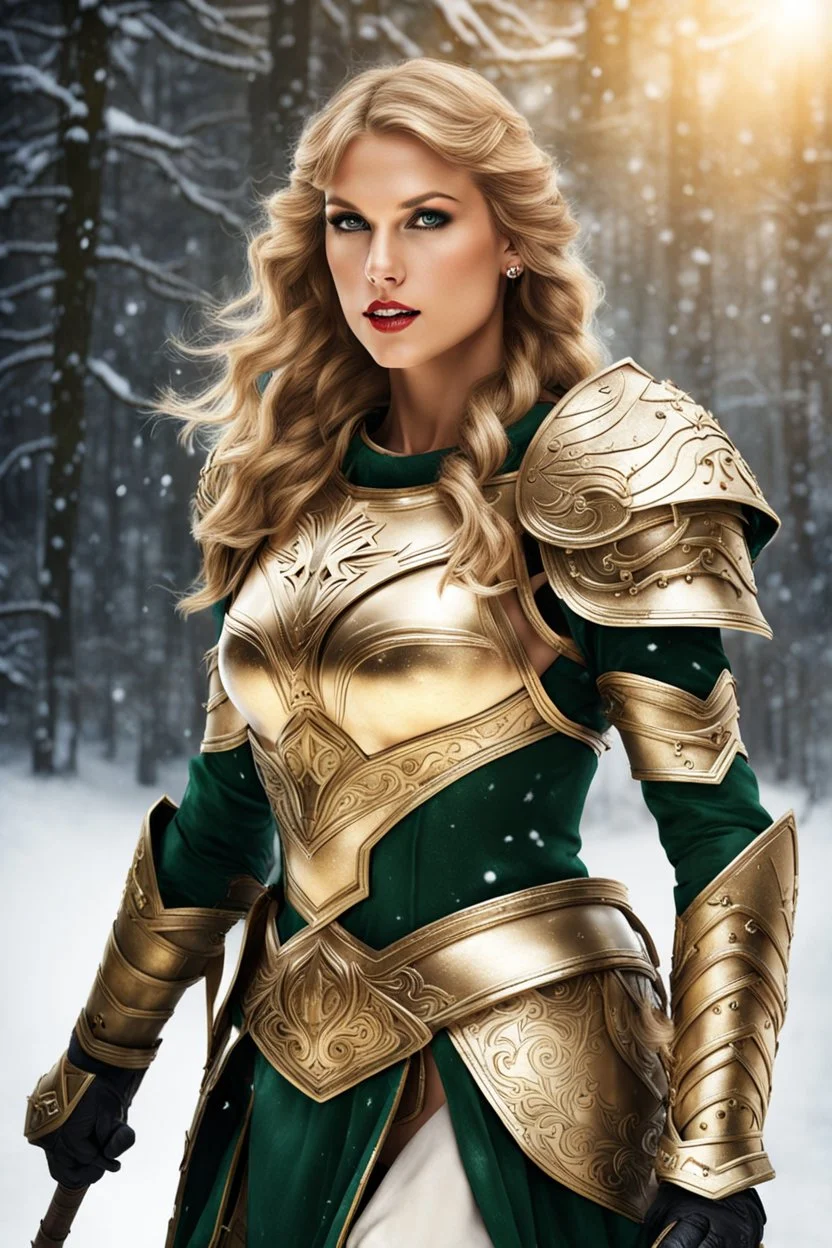 Photography fantasy art,beautiful Taylor Swift as a woman valkyrie,beautiful woman, golden armour, snow background, green eyes,