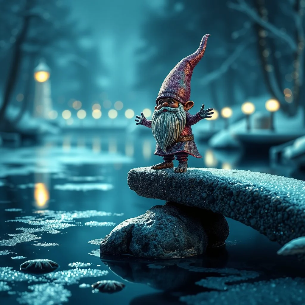 airbrush and pen outline, a glittering Deep Gnome (Svirfneblin) balancing on frozen bridge pond, goa psy ambient in the style of vangelis and fsol, source vibrations, bokeh like f/0.8, tilt-shift lens 8k, high detail, smooth render, down-light, unreal engine, prize winning