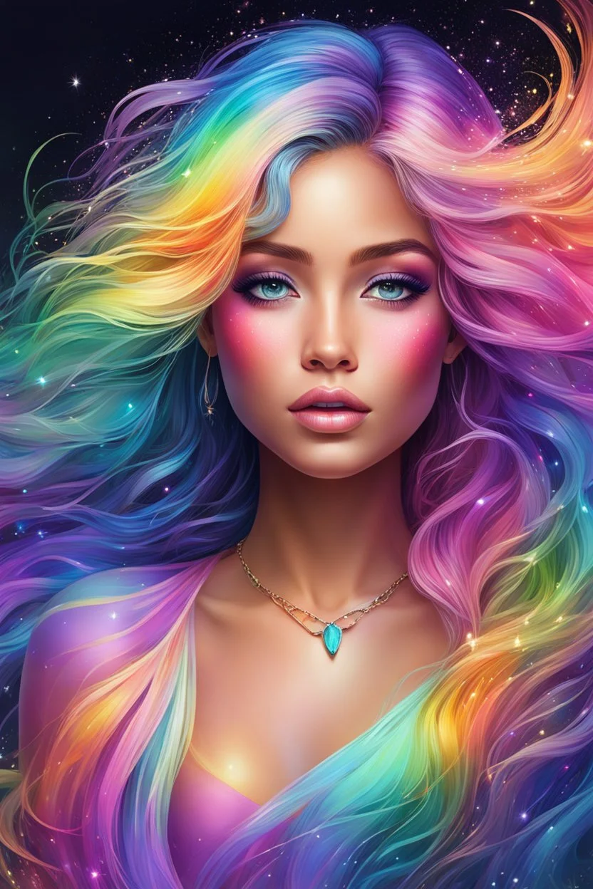 Digital painting style. Pastel hues adorn her every trace, A rainbow girl with a shimmering embrace, Her eyes, glistening with dreams and grace, A vision of magic, lighting up any space. highly detailed, adorable digital painting, colored ink, beautiful artwork, 4k, high quality