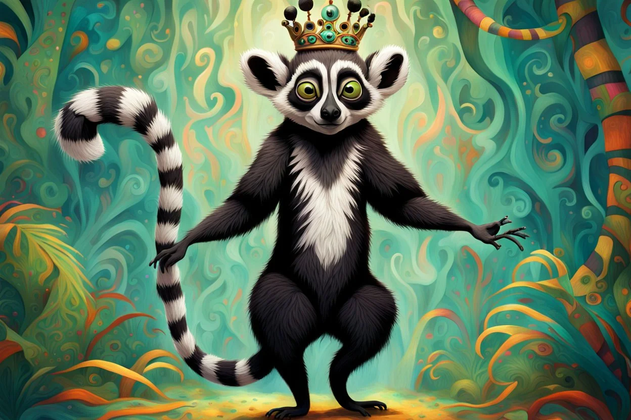 surreal, vibrant digital artwork featuring king Julien the lemur dancing with his tail held up high, with intricate abstract patterns and motifs swirling around them. striking facial features, wearing a crown made of skulls. dancing to "you gota to move it" in Disney style Madagascar