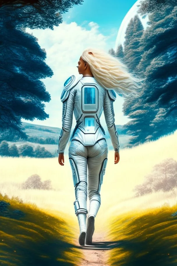 woman in a skin-tight silver spacesuit, with blond hair in a pigtail, walking towards a spaceship, back to the camera, on a path, wooded landscape in the distance, blue sky