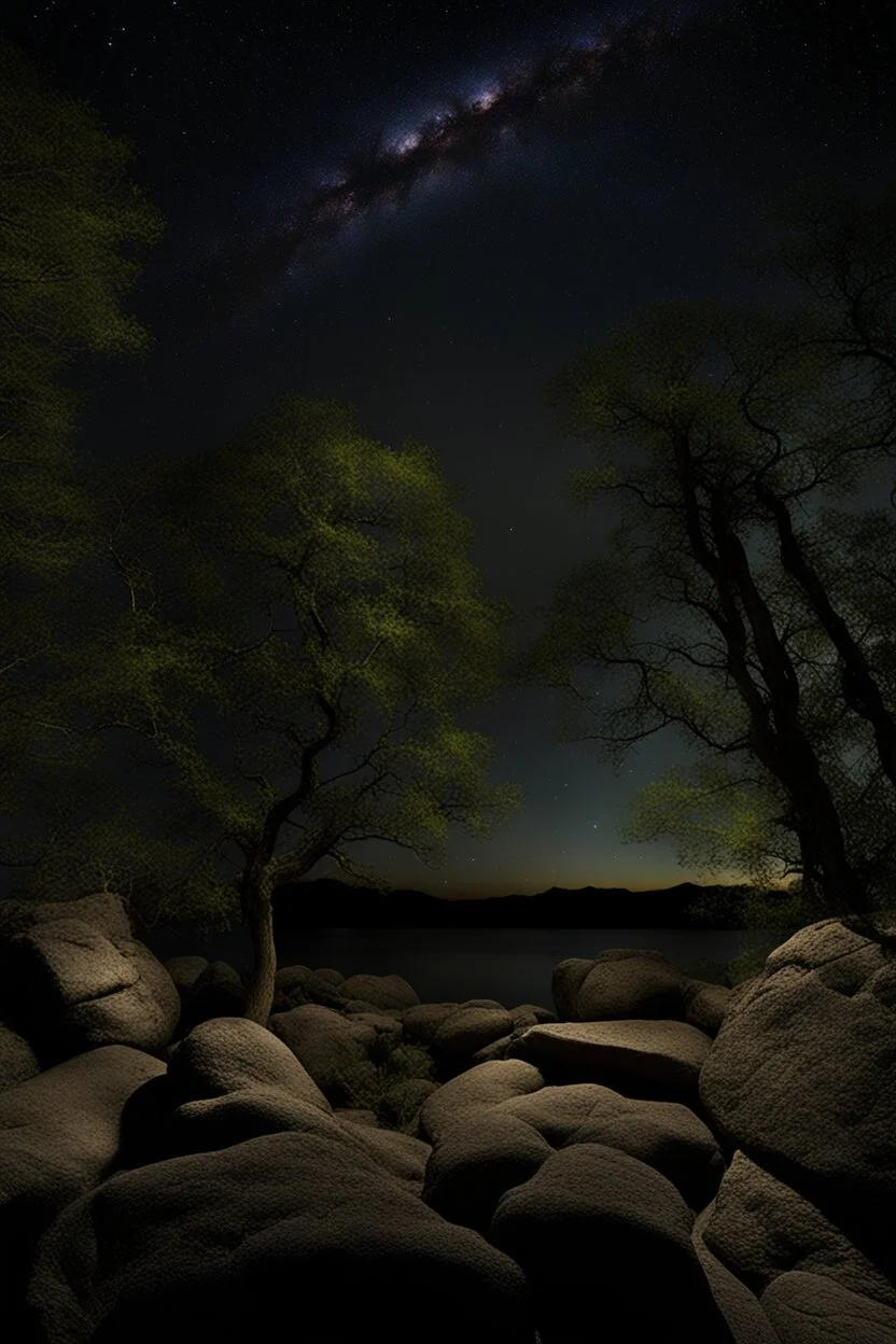 Night, trees, rocks, mountains, photography