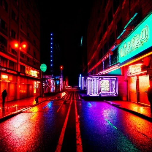 cyborg on city street poignant neon lights rainy atmosphere, clear view, high detail, mechanical, circuits