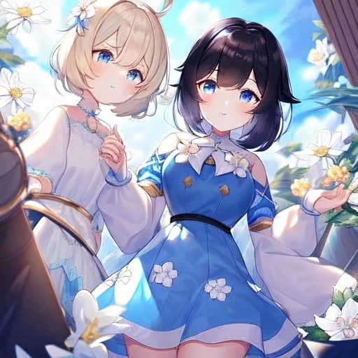 Clear focus,High resolution, Black short fluffy hair, and blue eyes, wearing a light blue short skirt with a white flower pattern near the bottom, Wearing light yellow cut sleeves that have white long flaps under it with a flower pattern near the end, wearing a white collar, Sighing