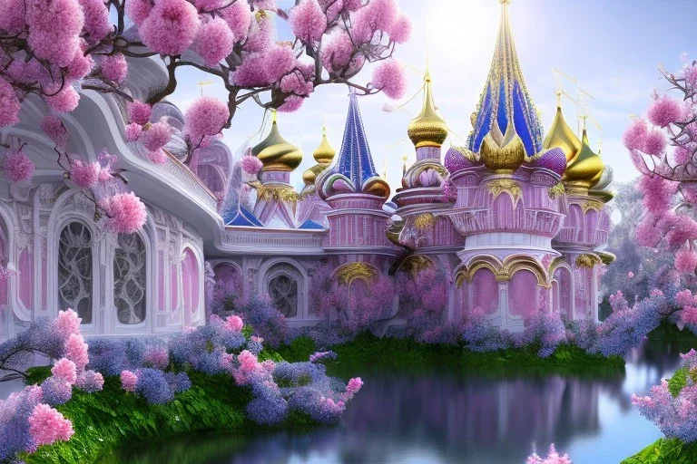 a magical crystal flower magnolias bougainvillier fuksia blue gold house russian palace castle in the woods, magnolias pink,blue lake,sun,white swanns,pink vertical, blue lake,sharp, vines, candlelit, endor, ornate, elegant, highly detailed, artstation, concept art, smooth, sharp focus, illustration, 8k, splash art, wallpaper, key visual