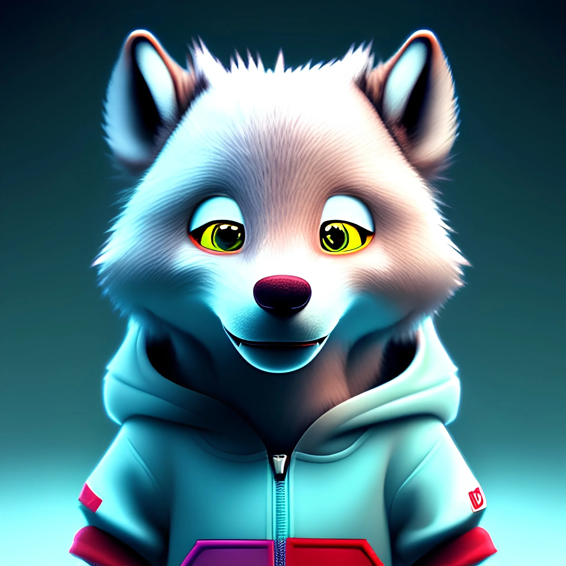 Concept art of Little mascot wolf wearing a hoodie (Pixar art style)++, highly detailed, digital painting, art stations, concept art, smooth, unreal engine 5, god rays, ray tracing, RTX, nanite polygons, lumen lighting, ultra detail, volumetric lighting, 3d, detailed anime, finely drawn, high definition, high resolution, cartoon [ animation, cartoon, drawing, painting, low res, cropped, watermark, jpeg artifacts, low quality, normal quality, bad anatomy, text error, worst quality, blurry thousan