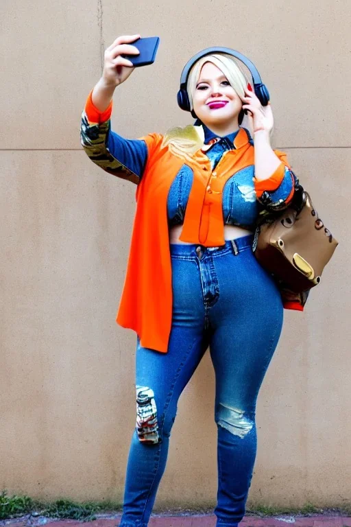 blonde taking selfie.thick thighs,thick calves,flat belly,curvy fell. NOVEL kind of bolero, which is sewed of recycled sliced Denim, which condescends with integrated bag[SIC]. It is sewed together of camouflage pieces, whose color are all denim colors, orange, cream, brown and purple. Big colored headphones (gold rings!) is merged with small felt cap with small visor. It is with big bright purple felt tippet and birght-colored-hood is merged with colorful beanie. Style: 1980's Finland