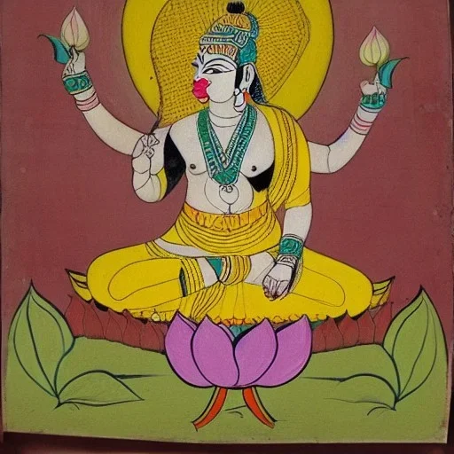 cow with wings holding a lotus and trident in Indian painting style