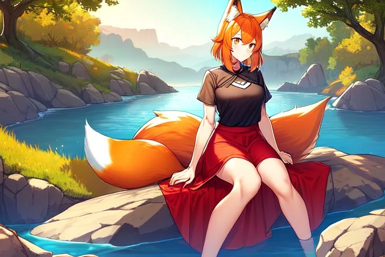 Girl, fox ears, one big fox tail, orange hair, red skirt, river, fox foot , sit on the shore, fox face, fox nose