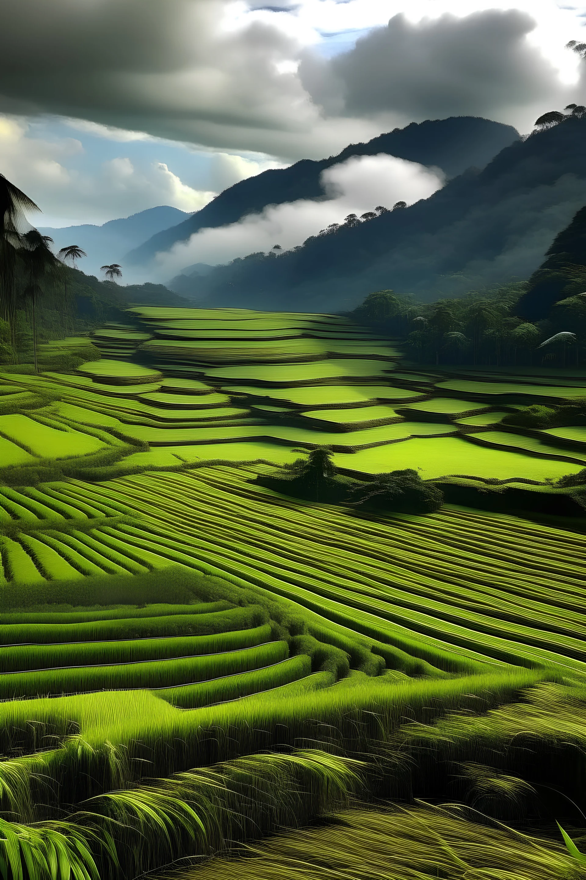 view ricefield when a mountain erupts