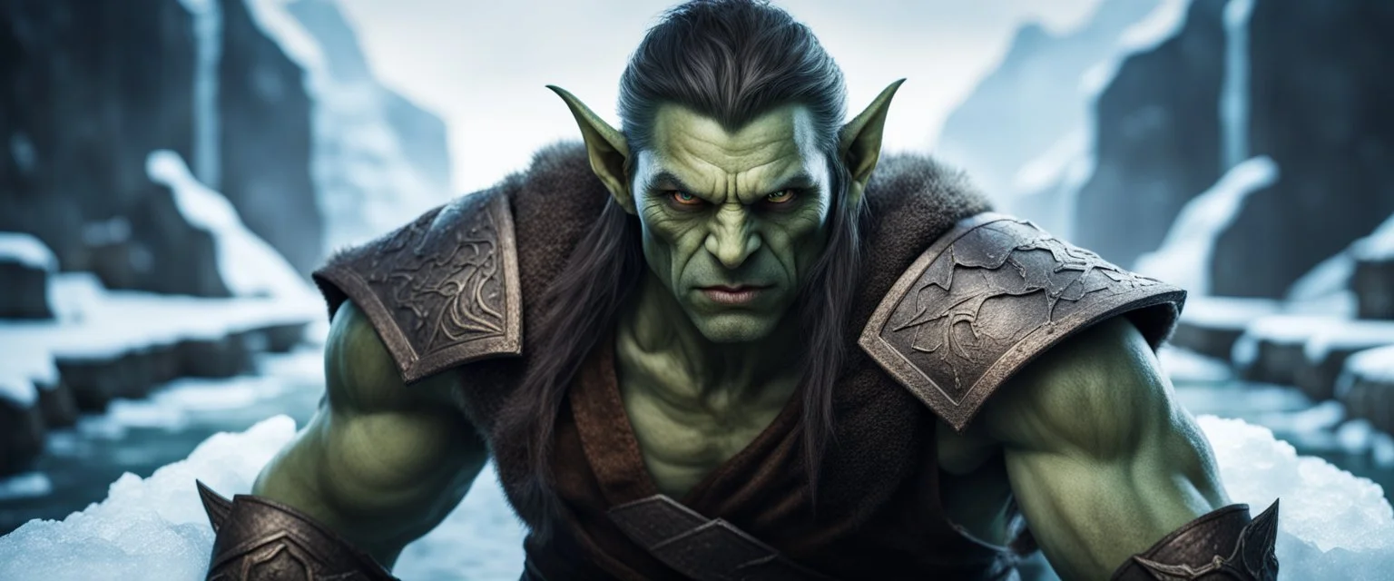 close up portrait of psionic ancient half elf half orc in threatening pose on ice stone bridge, book cover