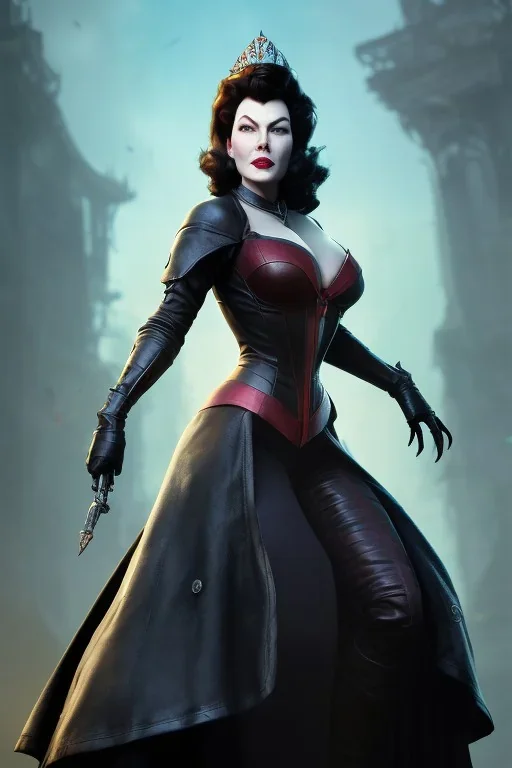 Ava Gardner as evil queen in black leather, busty, cleavage, curvy, angry, stern look. character design by cory loftis, fenghua zhong, ryohei hase, ismail inceoglu and ruan jia. unreal engine 5, artistic lighting, highly detailed, photorealistic, fantasy