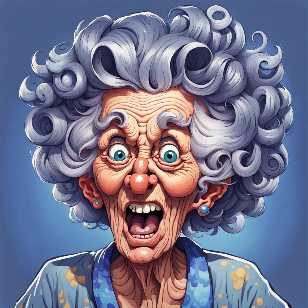 A delightfully eccentric cartoon illustration of a spirited elderly woman with wild gray hair in messy curlers, standing straight up a round her head. Her exaggerated facial features include wide-open eyes with visible blue irises and large pupils, a humongous open mouth as if screaming animatedly, and her wrinkled skin showcases her age. The woman is fervently pouring coffee from an overflowing black pot into an overfilling white cup, with coffee spills frozen mid-air. She wears a pink shirt w