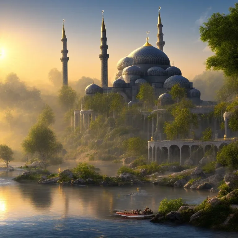 landscape, river, sun, mosque, no gold color.