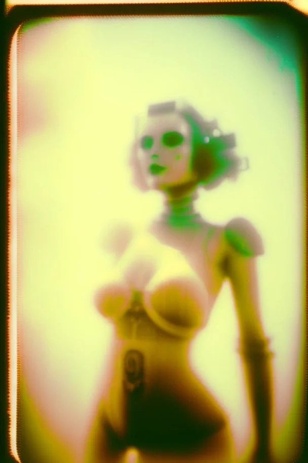 steampunk, vintage analog polaroid of a woman robot, female body, fog, lomography, heavy film grain, sun, color bleed, depth of field, bokeh, retro