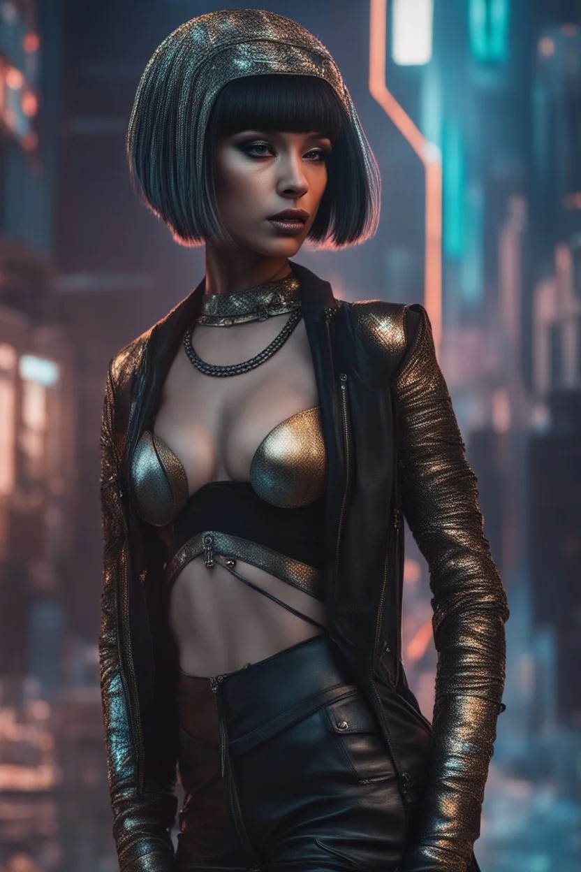 full-body-art of a woman with a bob with a fringe hairstyle, Cleopatra clothing, black knee-high boots, cyberpunk city background