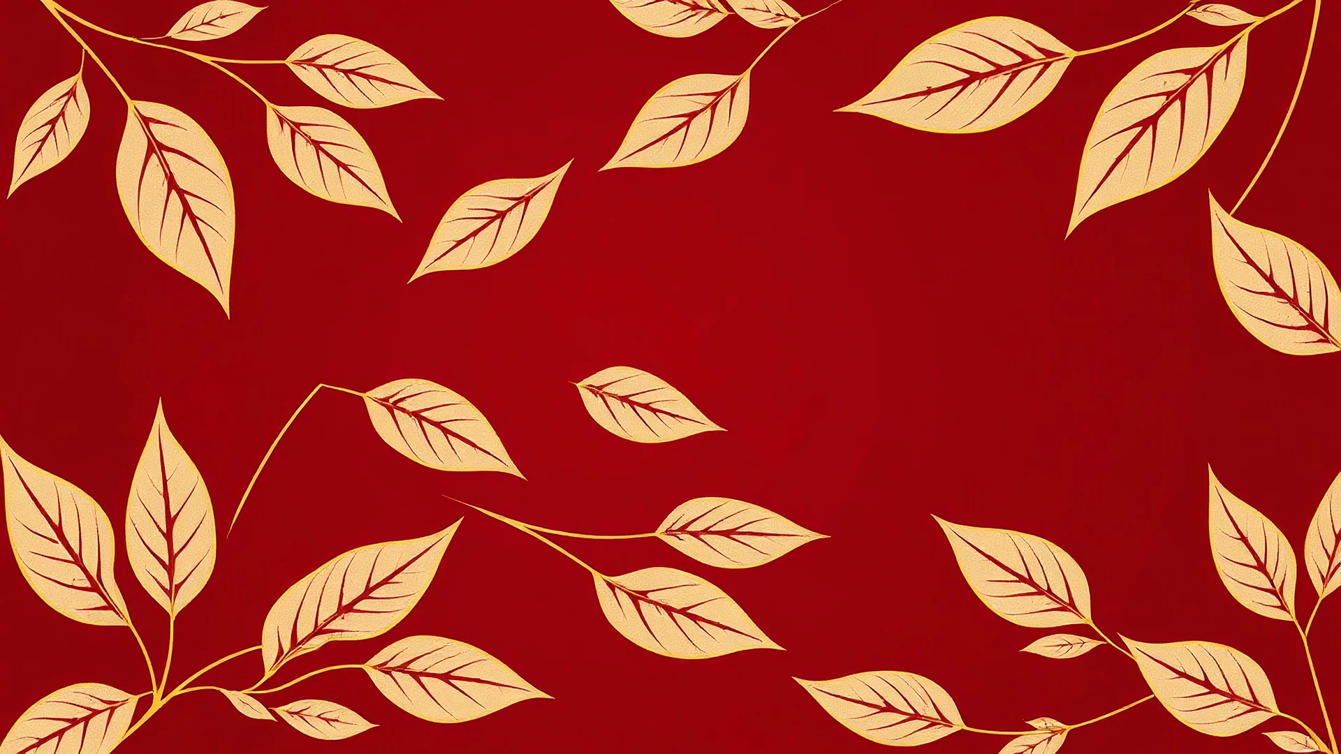 An artistic digital wallpaper with delicate hand-drawn leaves in golden outlines against a dark crimson background. The leaves are arranged in a swirling pattern, creating a sense of movement and elegance.