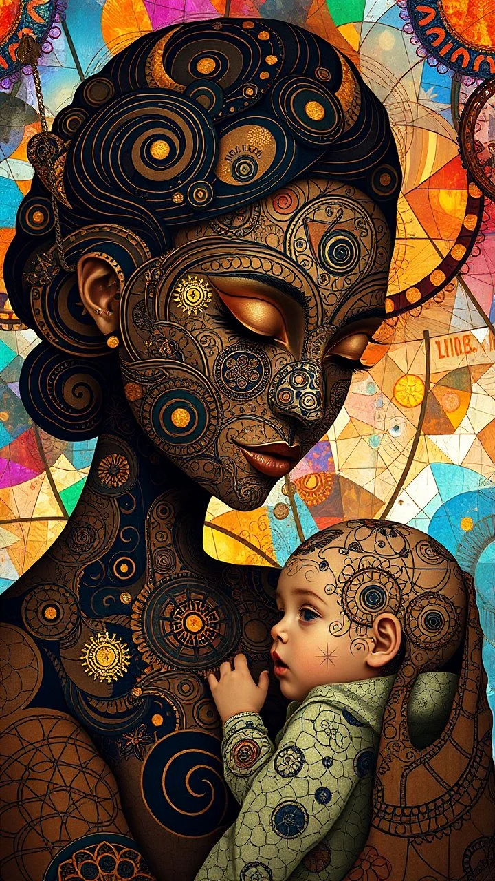 A digital artwork of women with her baby adorned with intricate patterns and designs. The figure's face is covered in swirling lines, circles, and other abstract patterns in hues of mocha, navy and gold.The background is a colorful glass , with abstract patterns that complement the figure's design. The overall ambiance of the image is dreamy and surreal.