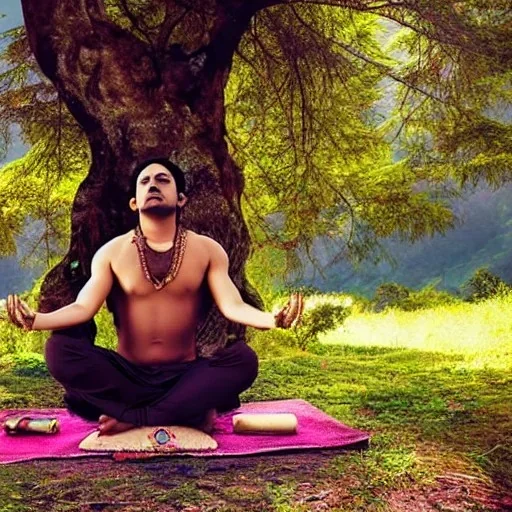 A powerful hindu yogi doing meditation under tree in Himalayas, day light, hd, hyper realistic