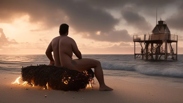 photography of a sicilian baywatcher burly sweat chubby 44 years old , swimwear, manly chest ,tattoo, curly hairs, long beard, sitting on a beach chairs at the beach at midnight , illuminated by bonfire, photorealistic, 8k, Canon EOS, 35mm lens, , unreal engine, greg rutkowski, loish, rhads, beeple, makoto shinkai and lois van baarle, ilya kuvshinov, rossdraws, tom bagshaw, alphonse mucha, global illumination, detailed and intricate environment