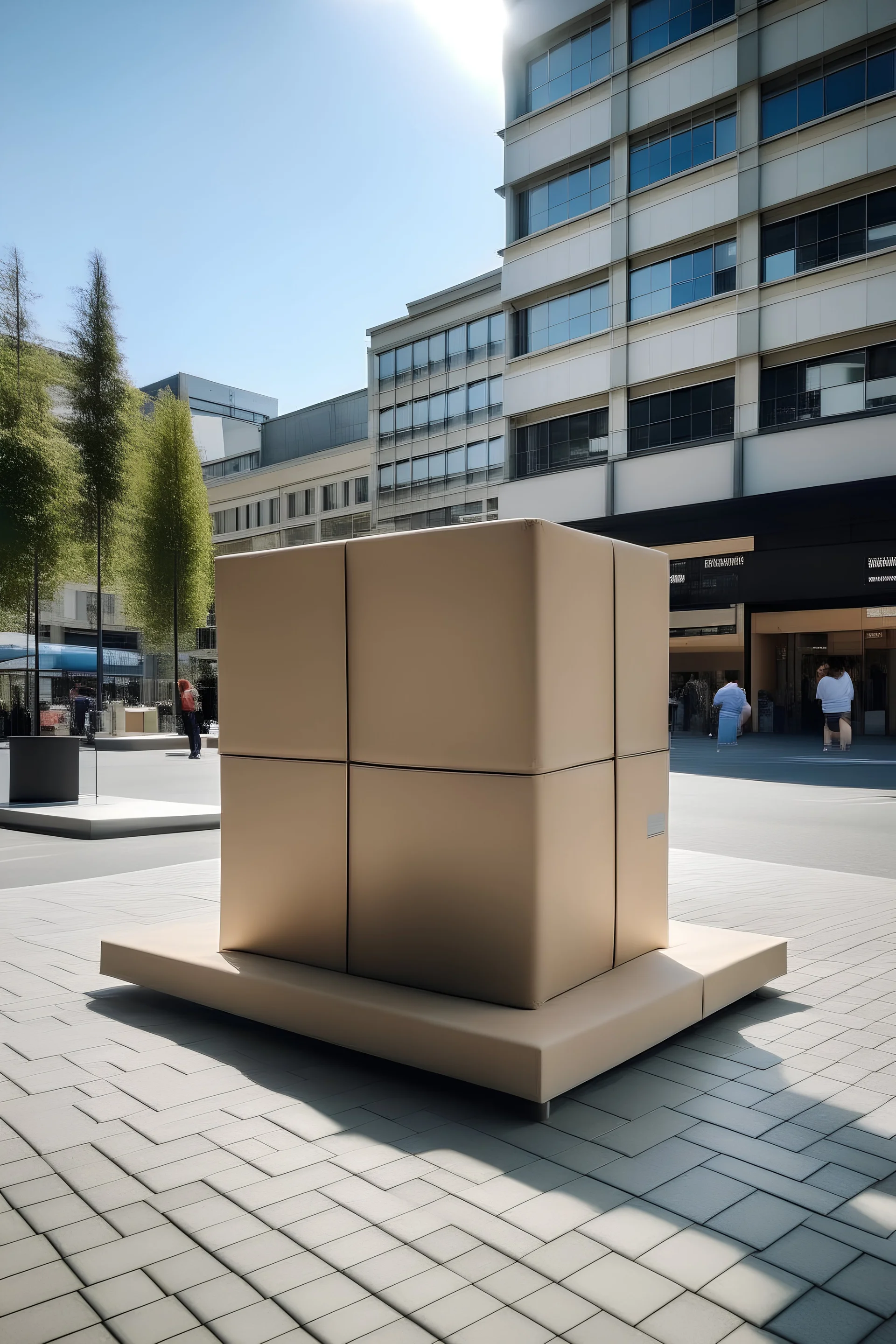 Big sand cube with clothing display in the middle of a street in modern city