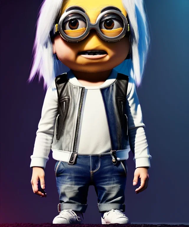 Minion toddler, cyberpunk, full body, white hair, leather jacket, dramatic lighting, hyper realistic