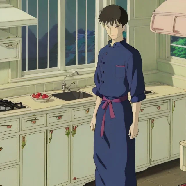 Russian shorthair beautiful 20-years guy boyish boylike wide hips in black girlish nightgown in kitchen