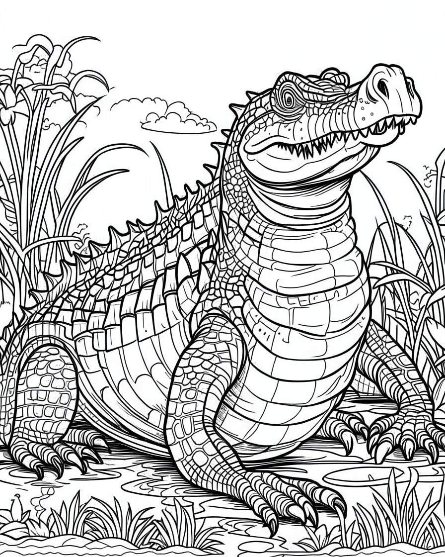 create a 2d black outline, "safari crocodile coloring book for kids ", coloring page, low details design, black contour, coloring page design, simple background, colorful , card style, coloring page for kids, white background, sketch style, cartioon style, safari landscape