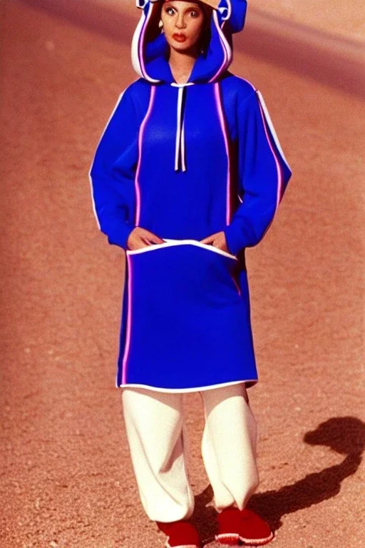 late 1990's women fashion.interesting hoodie with long tippet integrated to bolero -like attachement with pockets which goes up to a Hat with a visor, integrated to AKG-style headphones. Karjalainen kuvio, Karjala patterns. dress with strange cut. Colors: denim blue, blue, purple, khaki, "pastel light green", lilac, plum, orange, terracotta, red, pink, dark blue, beige. Women models. Starling pattern prints.Jennifer Lopez, Gwyneth Paltrow. intgrated bag. Big tennis shoes on. Cargo pants.