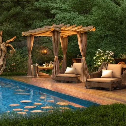 a gorgeous, stunning garden deck with rustic floor, wicker furniture, tranquil pool surrounded by smooth stones, lit candles, plants, cozy, 8k resolution, high-quality, fine-detail, zen-like, digital art, detailed matte, volumetric lighting, illustration, 3D octane render, brian froud, howard lyon, selina french, annie stokes, lisa parker, greg rutowski