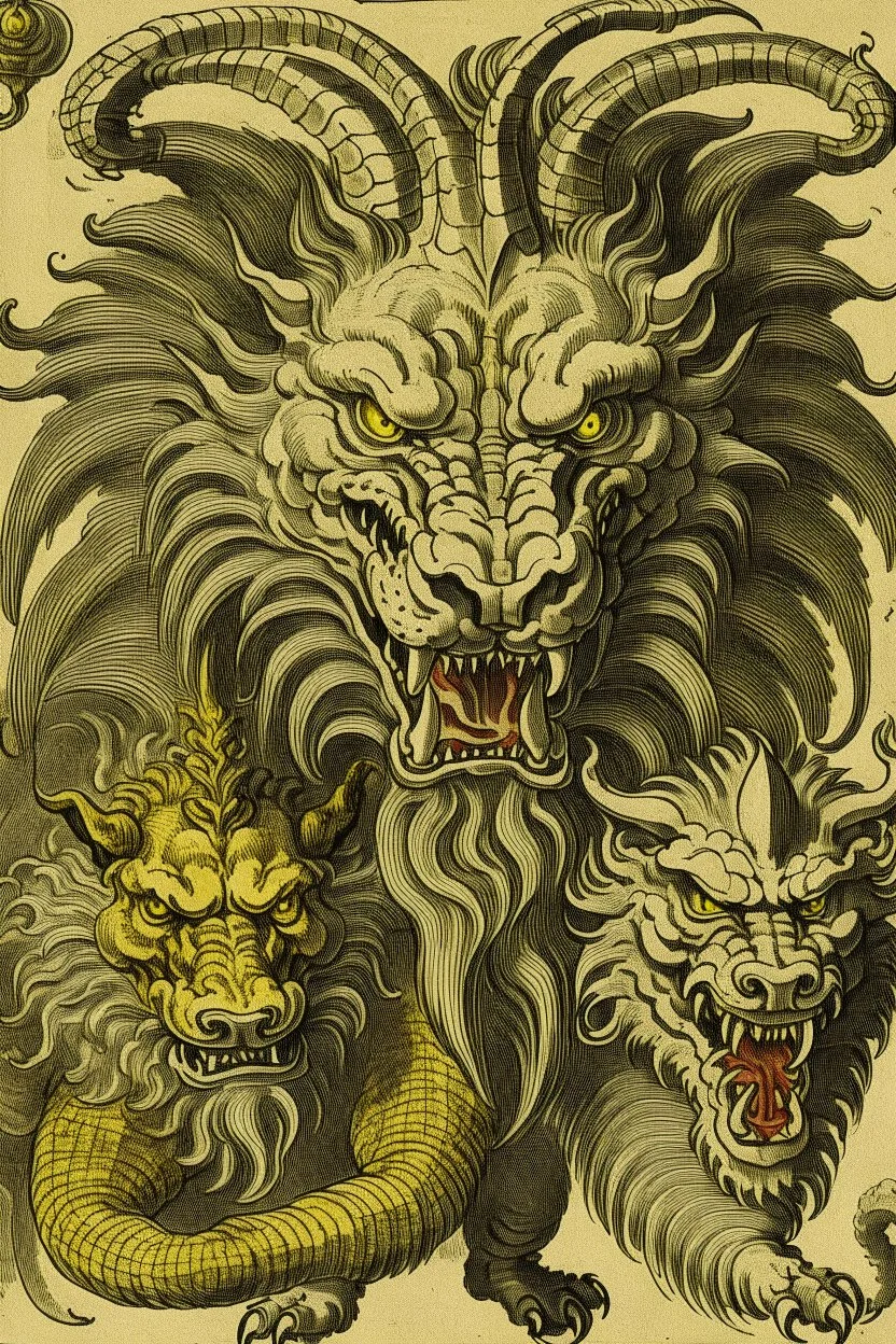 A three-headed dragon with the head of a lion, the head of a man, and the head of a bull