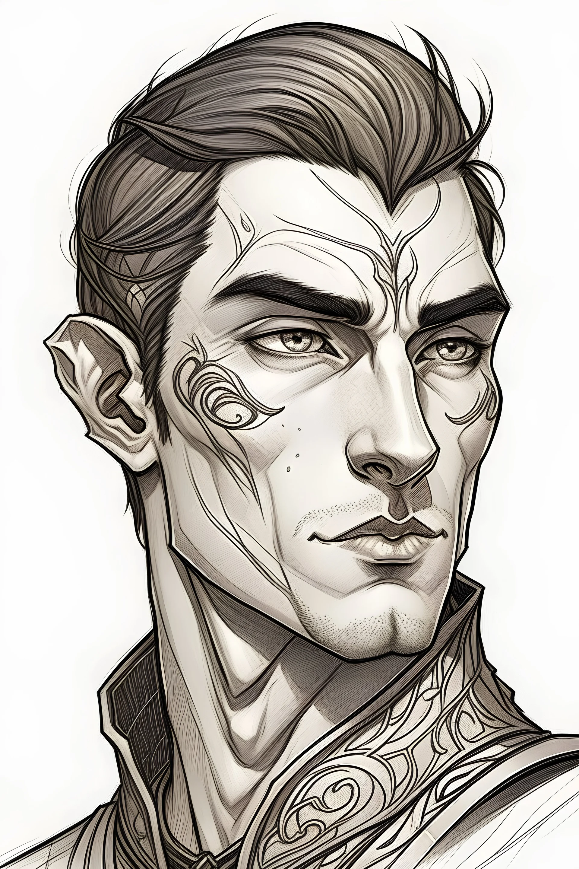 Portrait of male half-elf with short hair, tatooes on his face, Frank Cho style