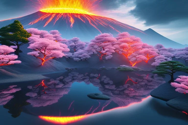 Japanese Fuji Mountain,eruption lava flows into the lake , concept art, smooth, extremely sharp detail, finely tuned detail, ultra high definition, 8 k, unreal engine 5, ultra sharp focus, illustration, magic ambient, bonsai cherry blossom trees , japanese gondolas .