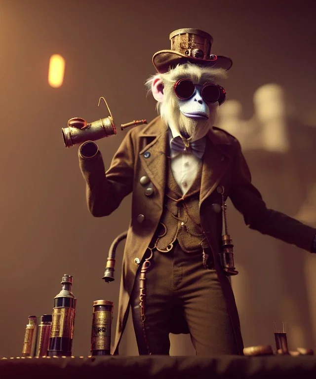 steampunk cabaret scene. old man. little monster monkey, Sunglasses, rain, smoking, happy, hot. Many people background, highly detailed, concept art, unreal engine 5, god rays, ray tracing, RTX, lumen lighting, ultra detail, volumetric lighting, 3d, finely drawn, high definition, high resolution.