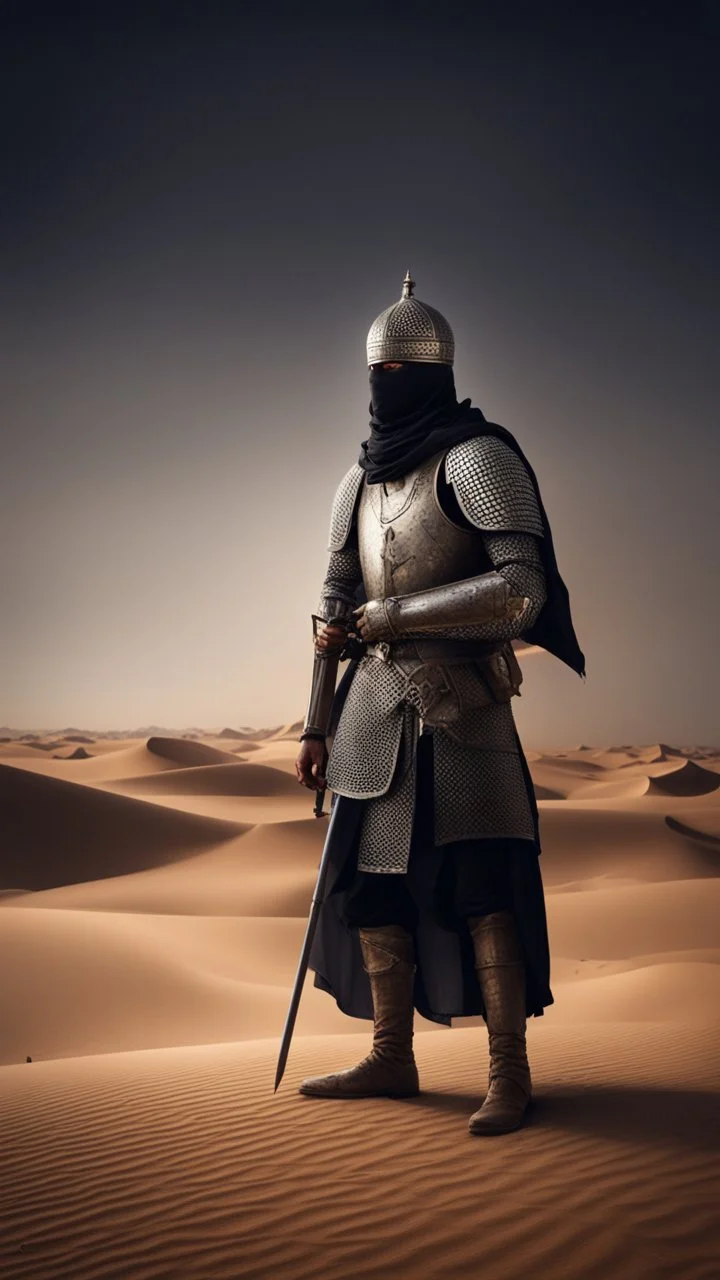 Make me a picture of a Muslim knight, standing in a desert, make the picture in the dark, with his back to the screen.