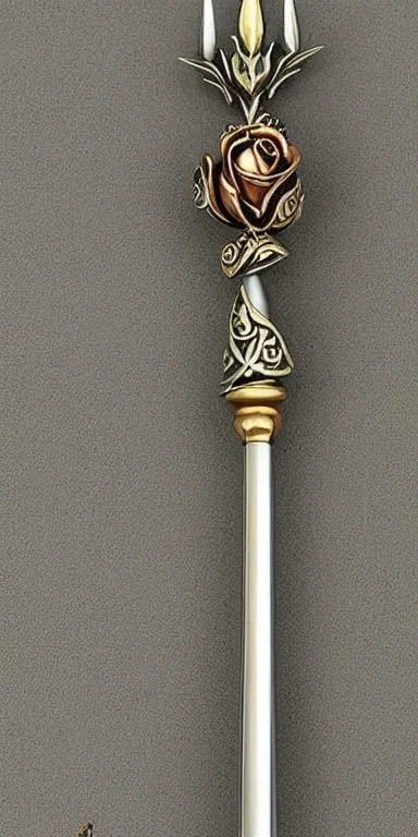 A long silver and Gold spear weapon with a rose at the handle and thorns up the poll, realistic, fantasy,