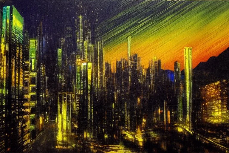 Night, cyberpunk buildings in the mountains, tendency to science fiction, realistic vision, impressionism painting