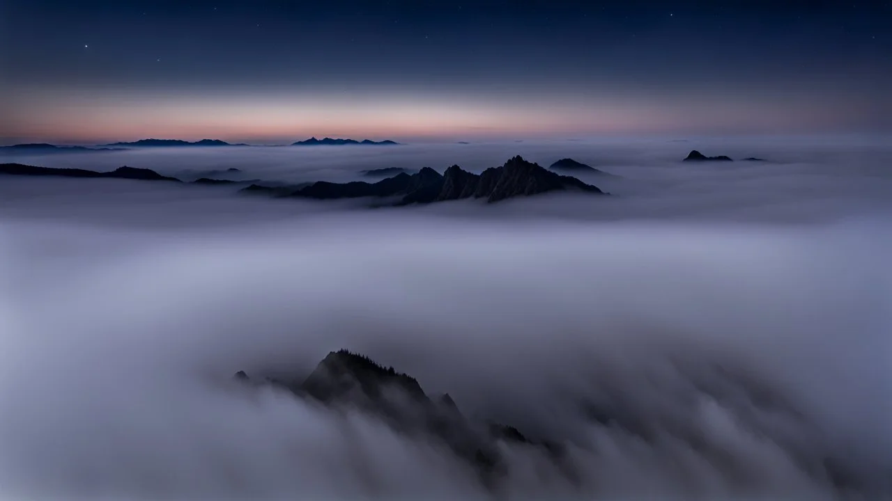 looking down at misty foreground and night sky background, no sun, single sharp narrow mountain peak coming through the mist in the center