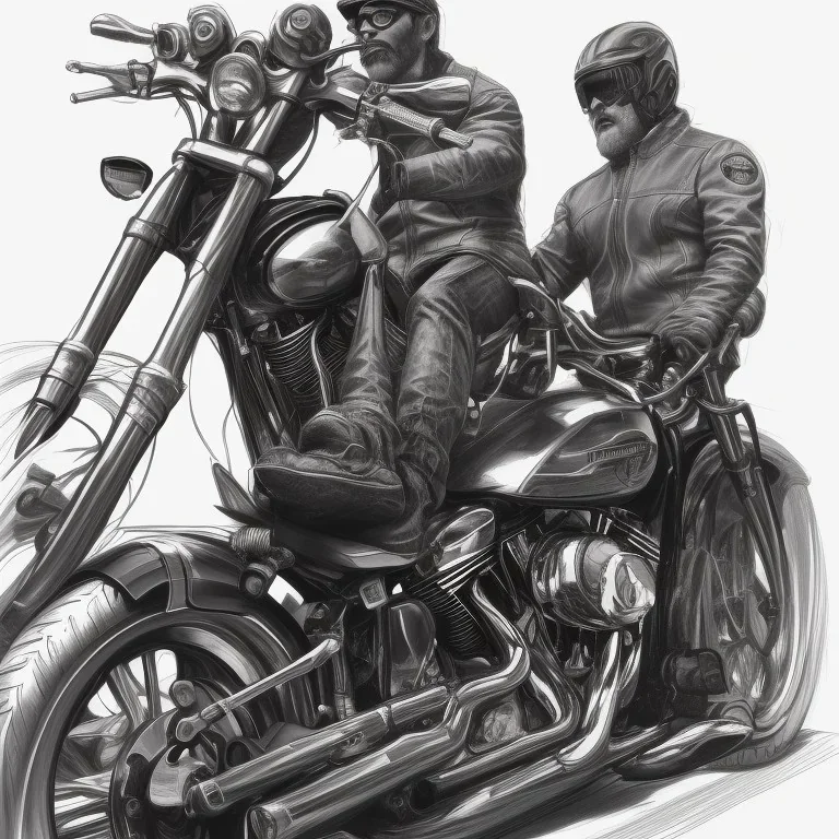 technical concept study, pencil sketch, harley davidson, A man sitting on a motorcycle ,From the side