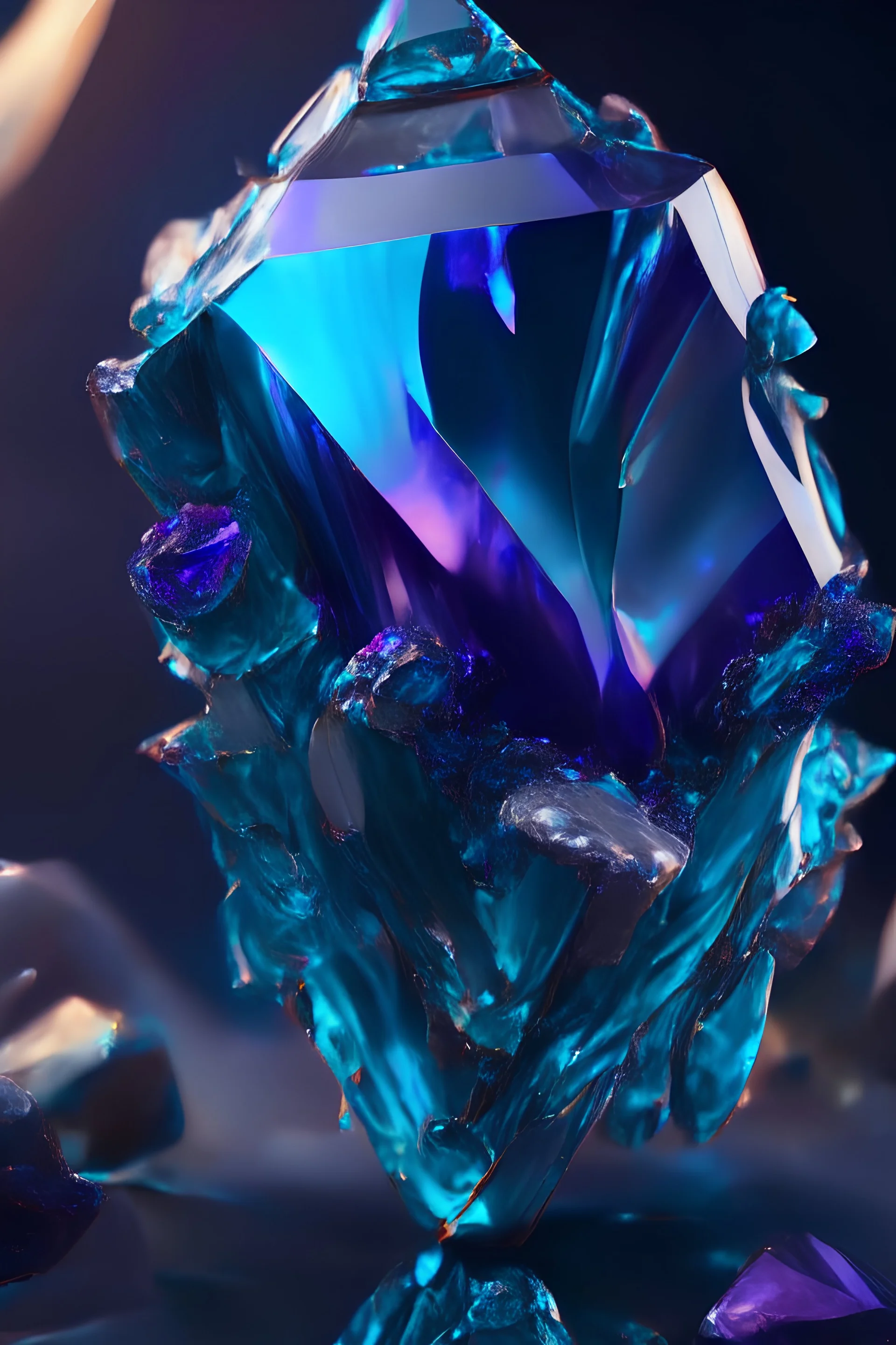 transparent gemstone dodechaedric Methuselah , in blue and purple and turqouise fire chrome casino, high detail, 8k, cinematic, depth of field, art