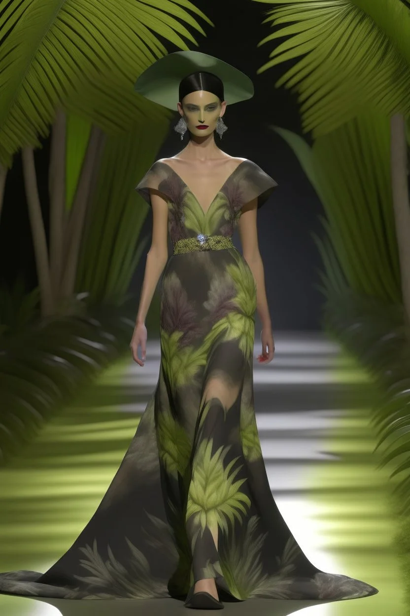 Model in runway wich dress with orchids, palm and olives trees with tulle printed in 3D